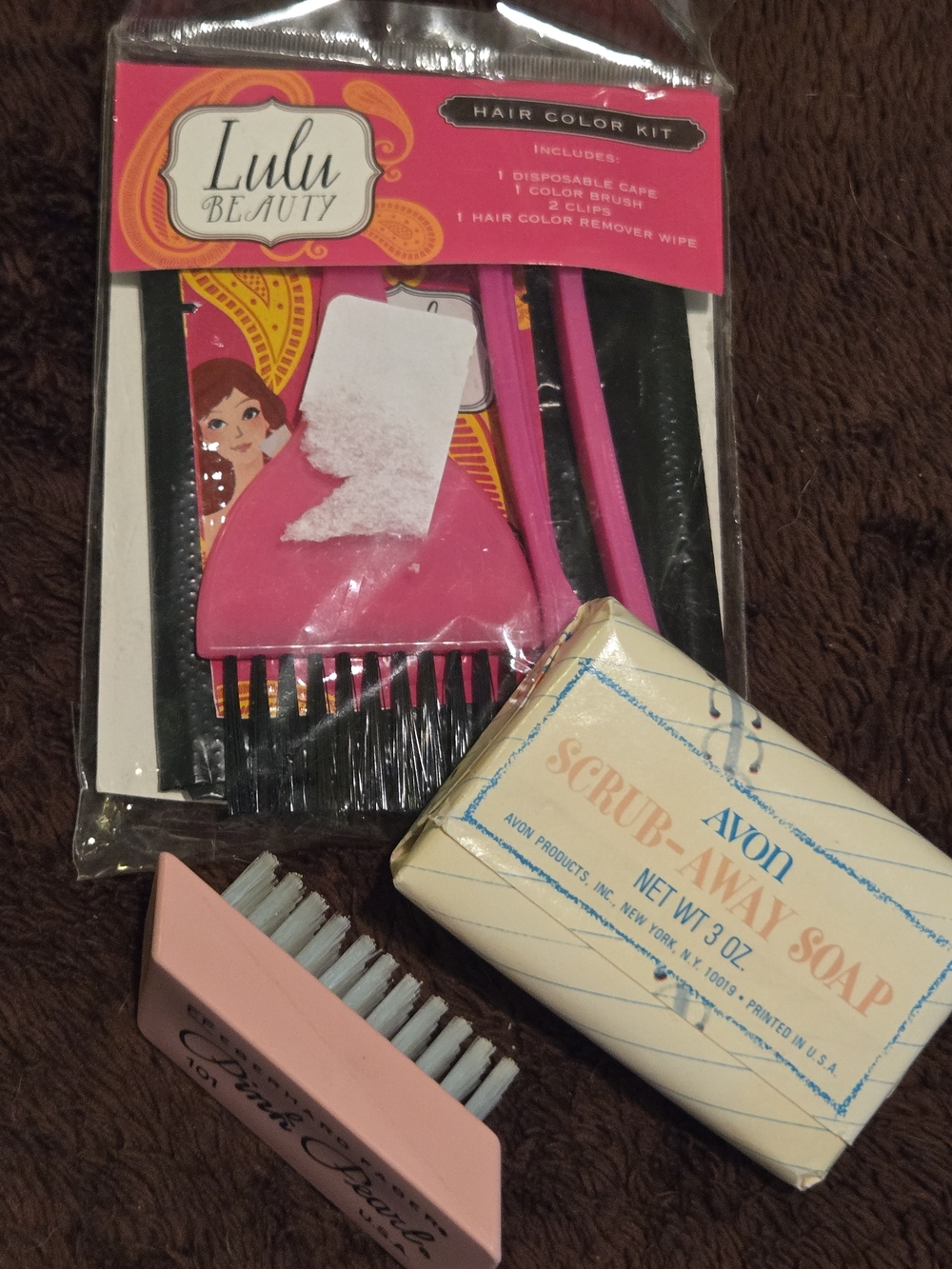 Lulu Beauty Pink Hair Color Kit And Classic Nostalgic AVON Soap And Nail Brush.